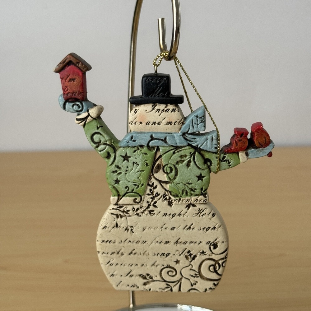 Snowman Cardinal Silent Night Song Lyrics Christmas Ornament Script Folk Art